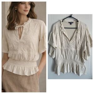 Ralph Lauren Cream Embroidered Peplum Blouse Size L Cottage Feminine Classic